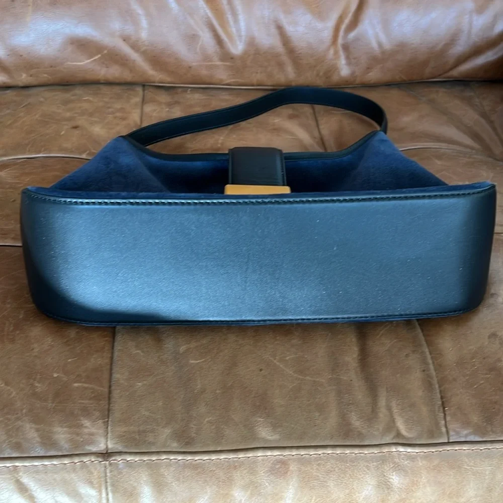 J. Crew Navy Suede Shoulder Bag with Black Strap and Gold Accent